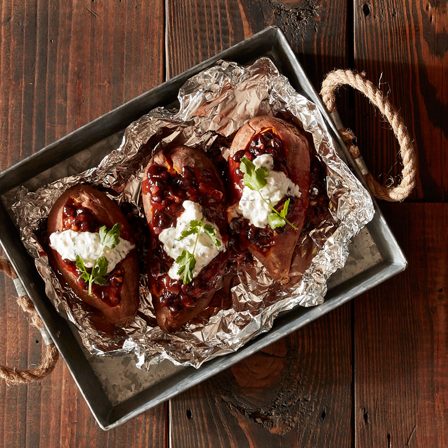 Grilled Sweet Potatoes with BBQ Baked Beans and Cilantro Cream | Reynolds Brands