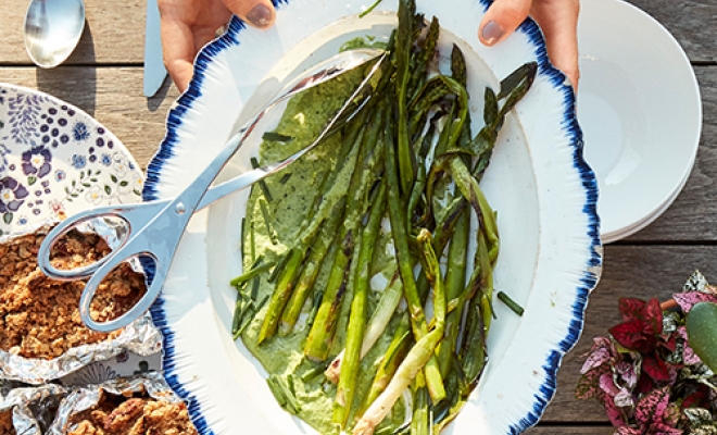 
Grilled Asparagus with Spring Onions and Green Goddess Dressing
