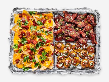 Sheet Pan Trio: Nachos, Sesame Ginger Wings, and Smashed Loaded Potatoes