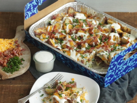bacon, cheddar and ranch potatoes in a disposable aluminum pan