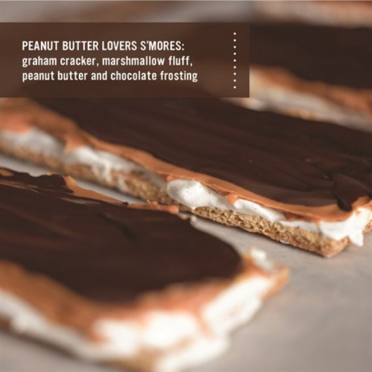 Smores made with full graham cracker, marshmallow fluff, peanut butter and chocolate frosting.