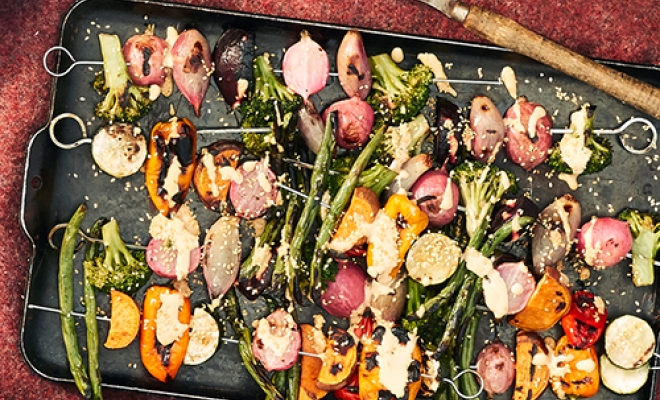 
Mixed Veggie Kabobs with Tahini Sauce
