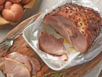 sliced spiral ham in an oven bag