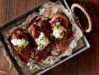 Grilled Sweet Potatoes with BBQ Baked Beans and Cilantro Cream